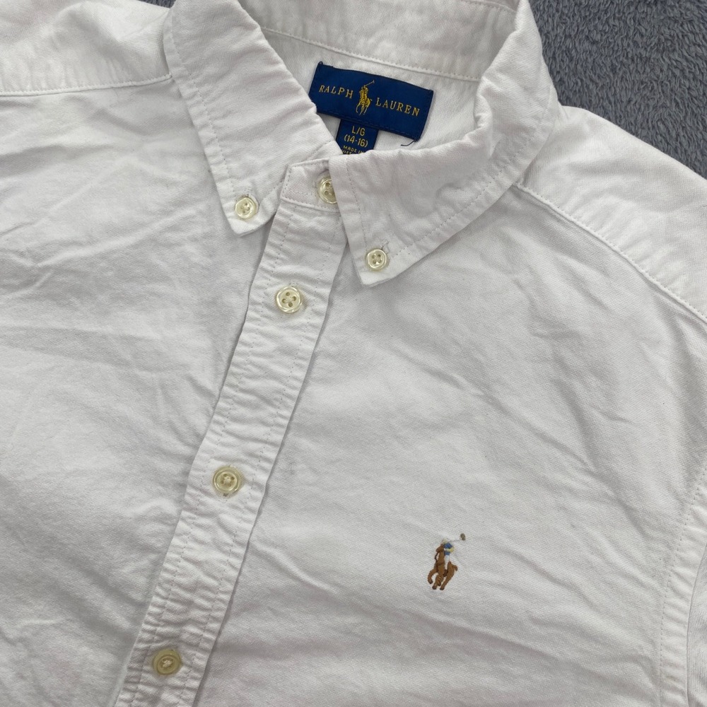 Ralph Lauren Button Down Shirt Kids L 14-16 White Long Sleeve Oxford Pony Logo